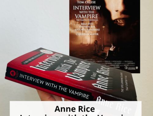 Eine Hand hält das Taschenbuch von Anne Rice »Interview with the Vampire« vor einer Hand. Dahinter ist das Filmplakat vom 1994 Film »Interview with the Vampire«. Im unteren Vordergrund steht die Überschrift: »Anne Rice: Interview with the Vampire, Part 1: Vom Roman zum Film – Vampire als queere Subversion und queer coding«